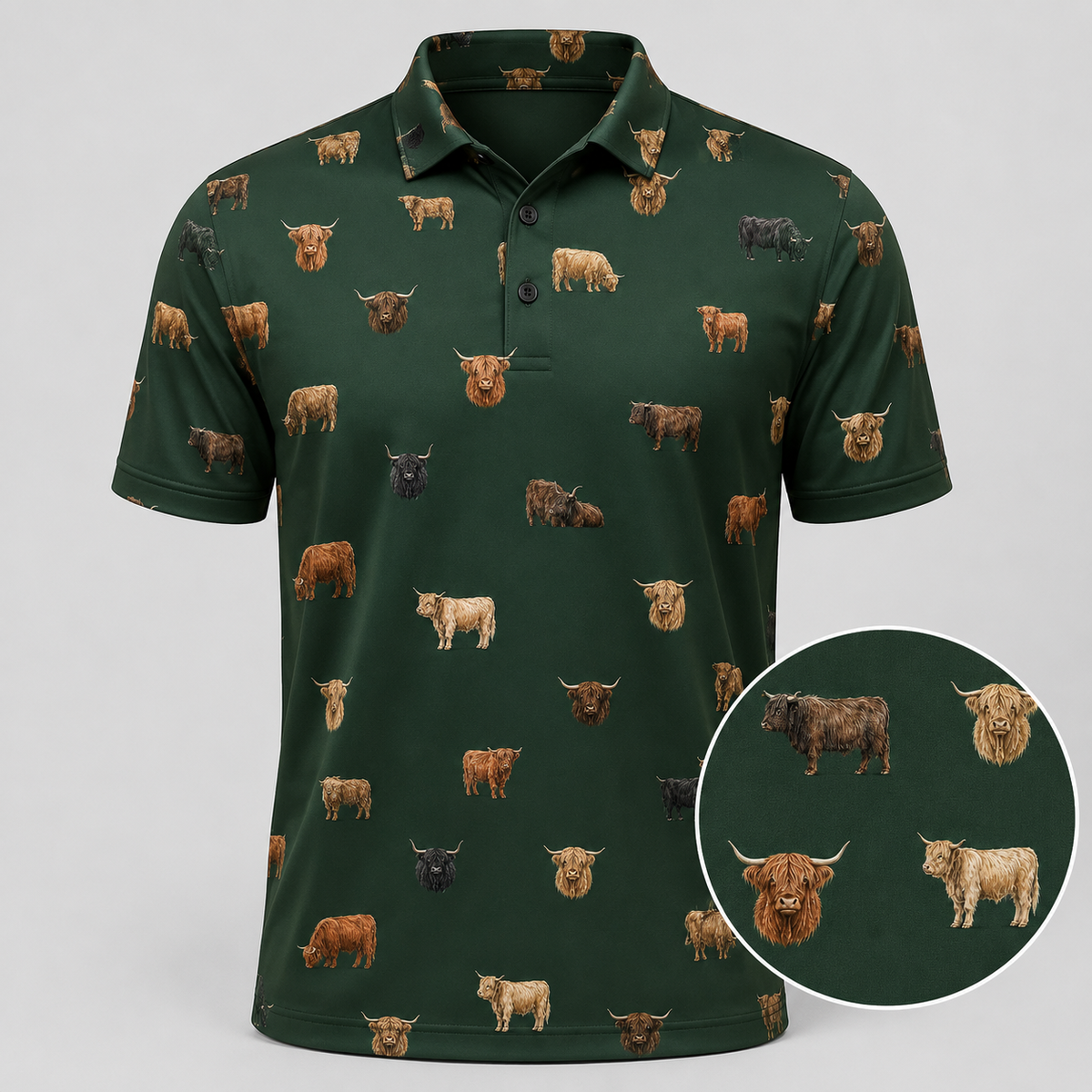 Highland Cow Polo Shirt — All-Over Highland Cattle Print Performance Golf Polo for Cattle Lovers