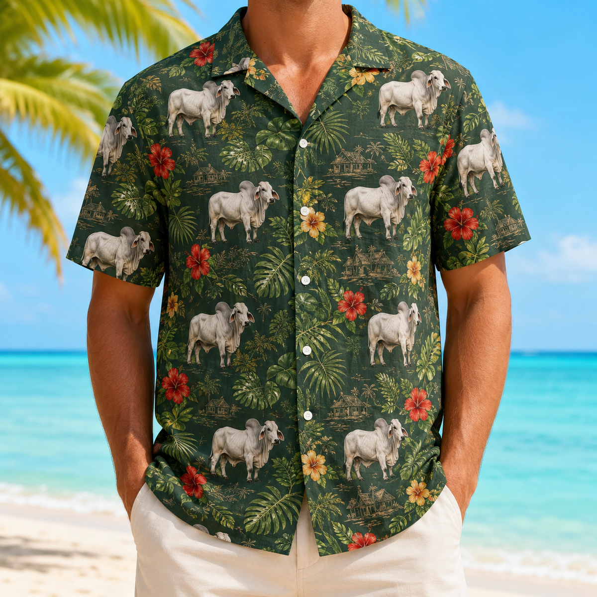 Brahman Cattle Hawaiian Shirt for Men, Vintage Tropical Green Floral Aloha Button-Up Summer Beach Shirt, Cattle Rancher Gift