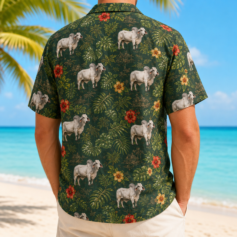 Brahman Cattle Hawaiian Shirt for Men, Vintage Tropical Green Floral Aloha Button-Up Summer Beach Shirt, Cattle Rancher Gift