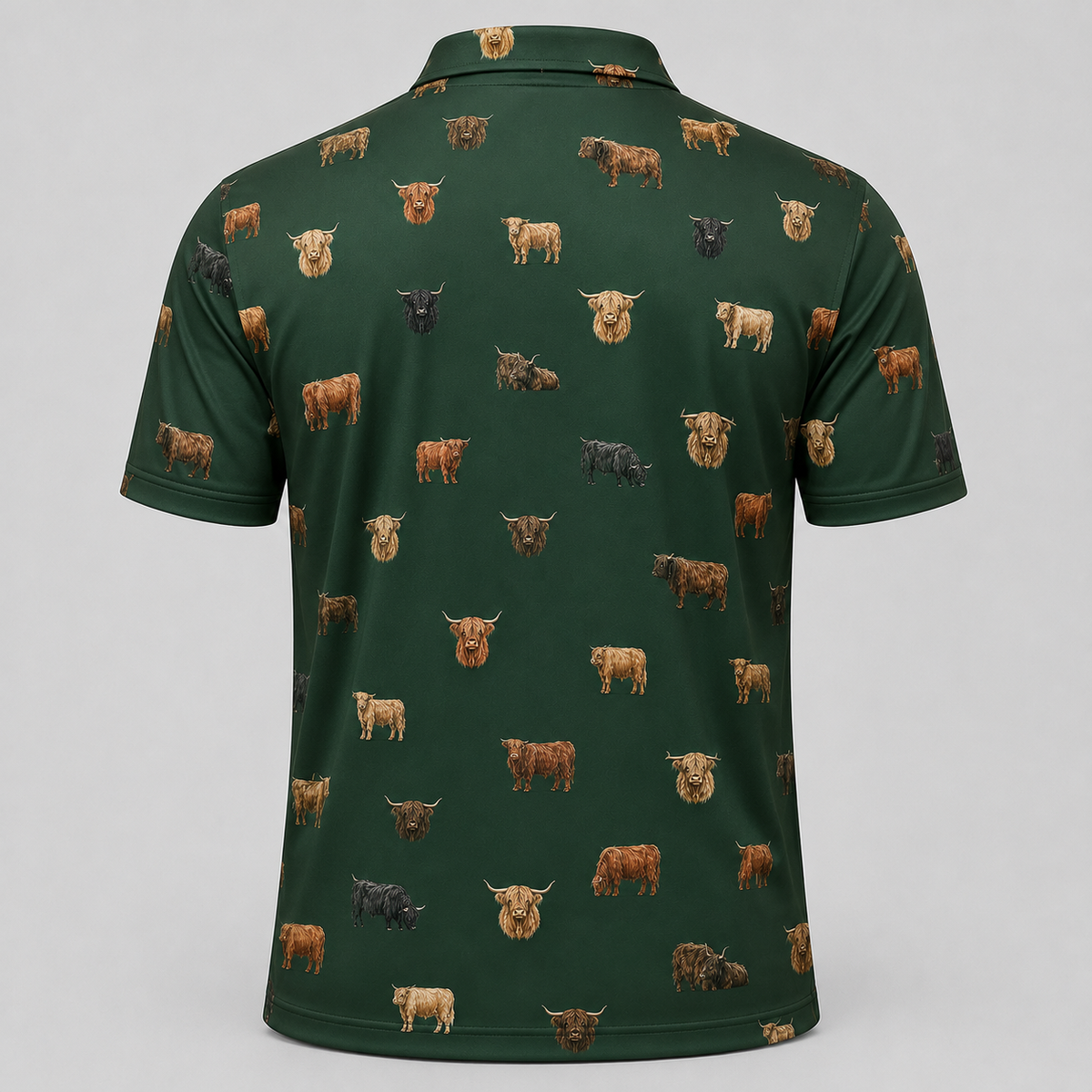 Highland Cow Polo Shirt — All-Over Highland Cattle Print Performance Golf Polo for Cattle Lovers
