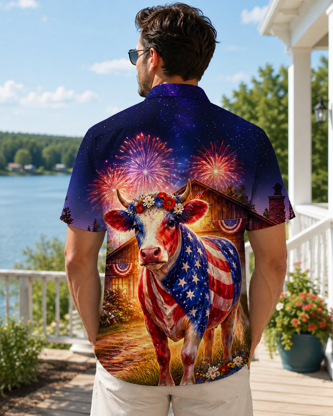 Patriotic Cow Hawaiian Shirt - 4th of July American Flag  Farm Cattle Rancher Shirt