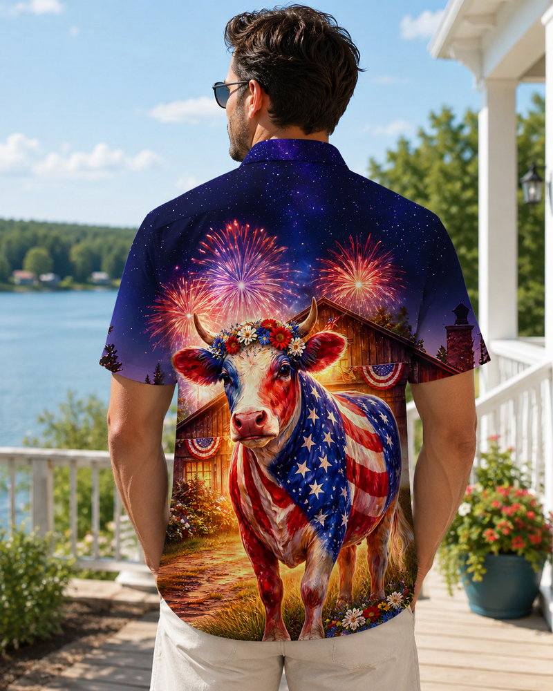 Patriotic Cow Hawaiian Shirt - 4th of July American Flag  Farm Cattle Rancher Shirt