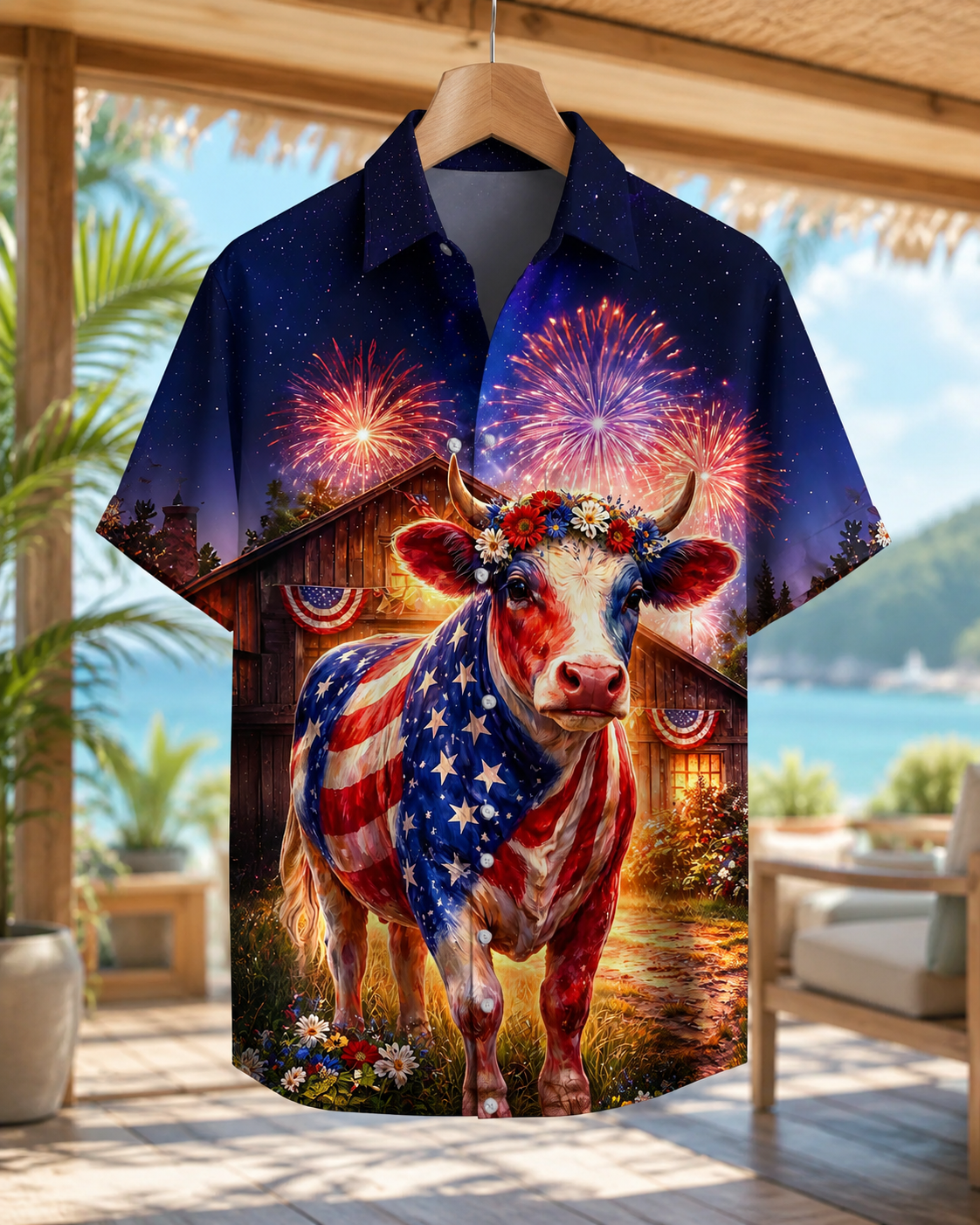 Patriotic Cow Hawaiian Shirt - 4th of July American Flag  Farm Cattle Rancher Shirt