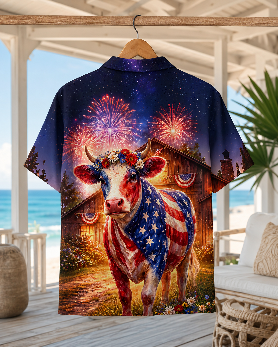 Patriotic Cow Hawaiian Shirt - 4th of July American Flag  Farm Cattle Rancher Shirt