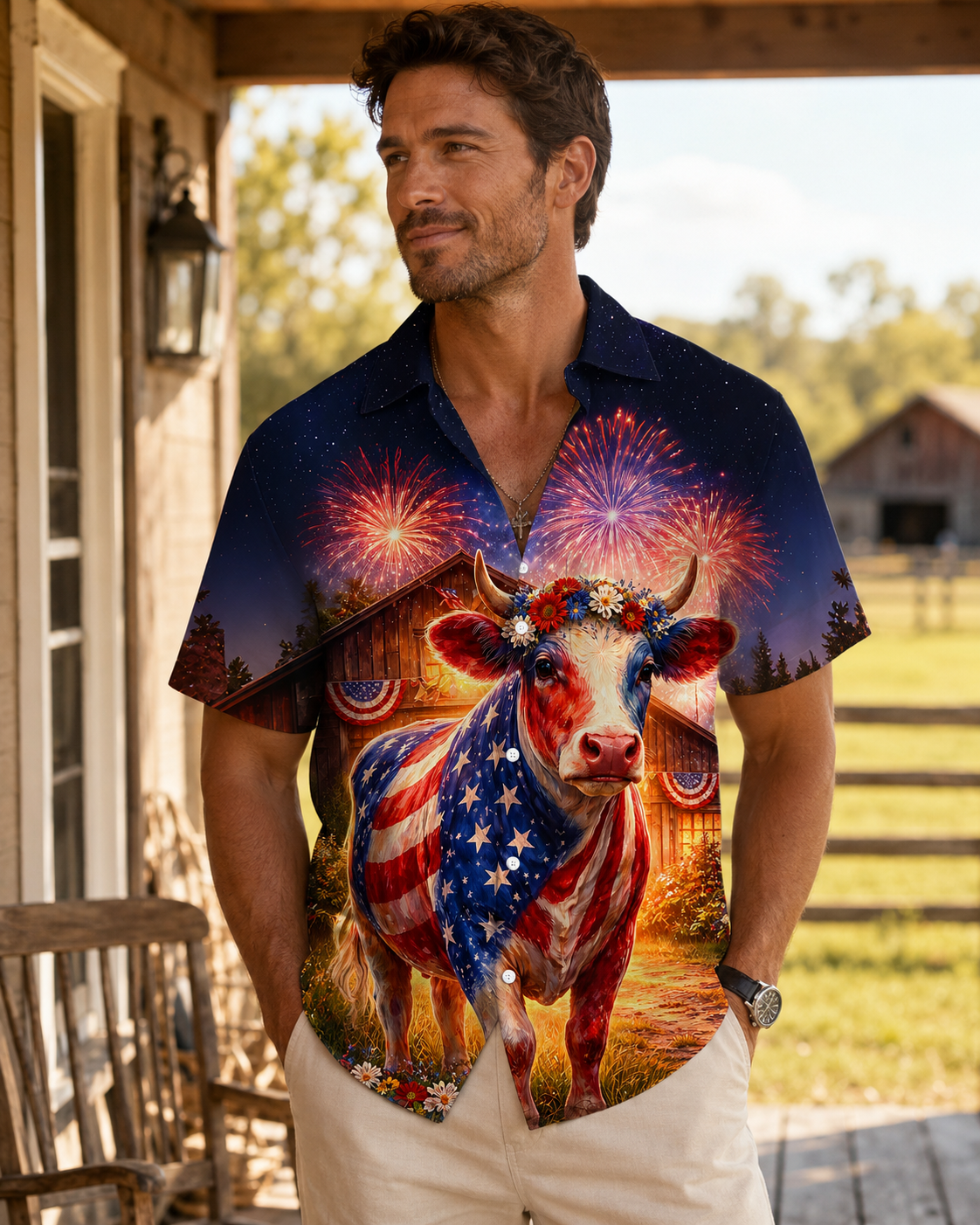 Patriotic Cow Hawaiian Shirt - 4th of July American Flag  Farm Cattle Rancher Shirt