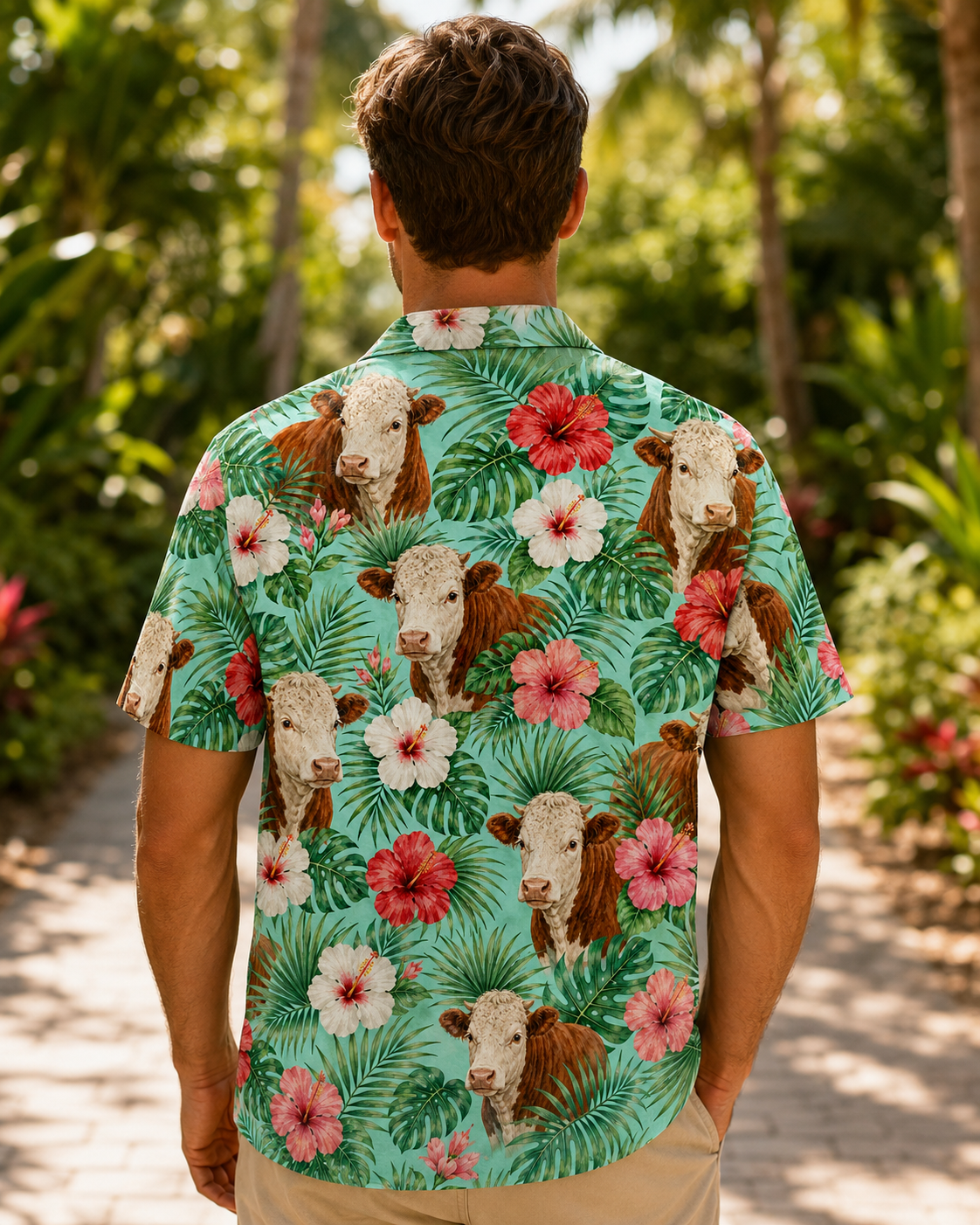 Hereford Cattle Tropical Hawaiian Shirt for Men & Women | Western Aloha Button Down Summer Beach Shirt