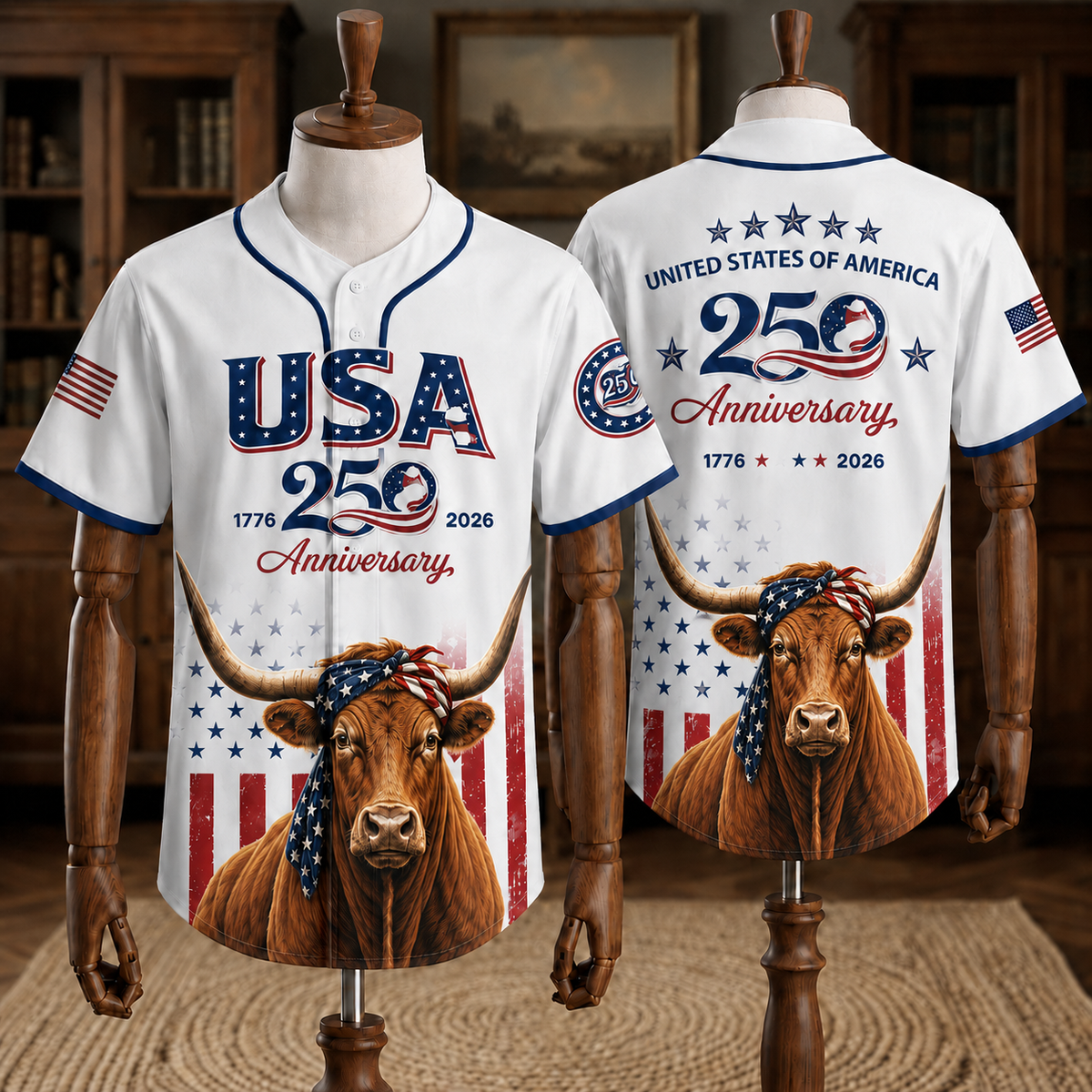 Texas Longhorn Baseball Jersey, USA 250th Anniversary 1776-2026 Cow Shirt, 4th of July Patriotic Texas Pride Shirt, Gift for Texas Rancher Cowboy Dad
