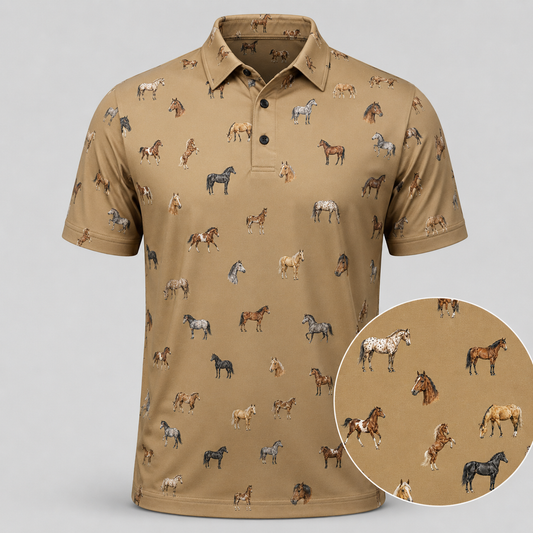 Horse Polo Shirt — All-Over Horse Print Performance Golf Polo for Horse Lovers & Equestrians