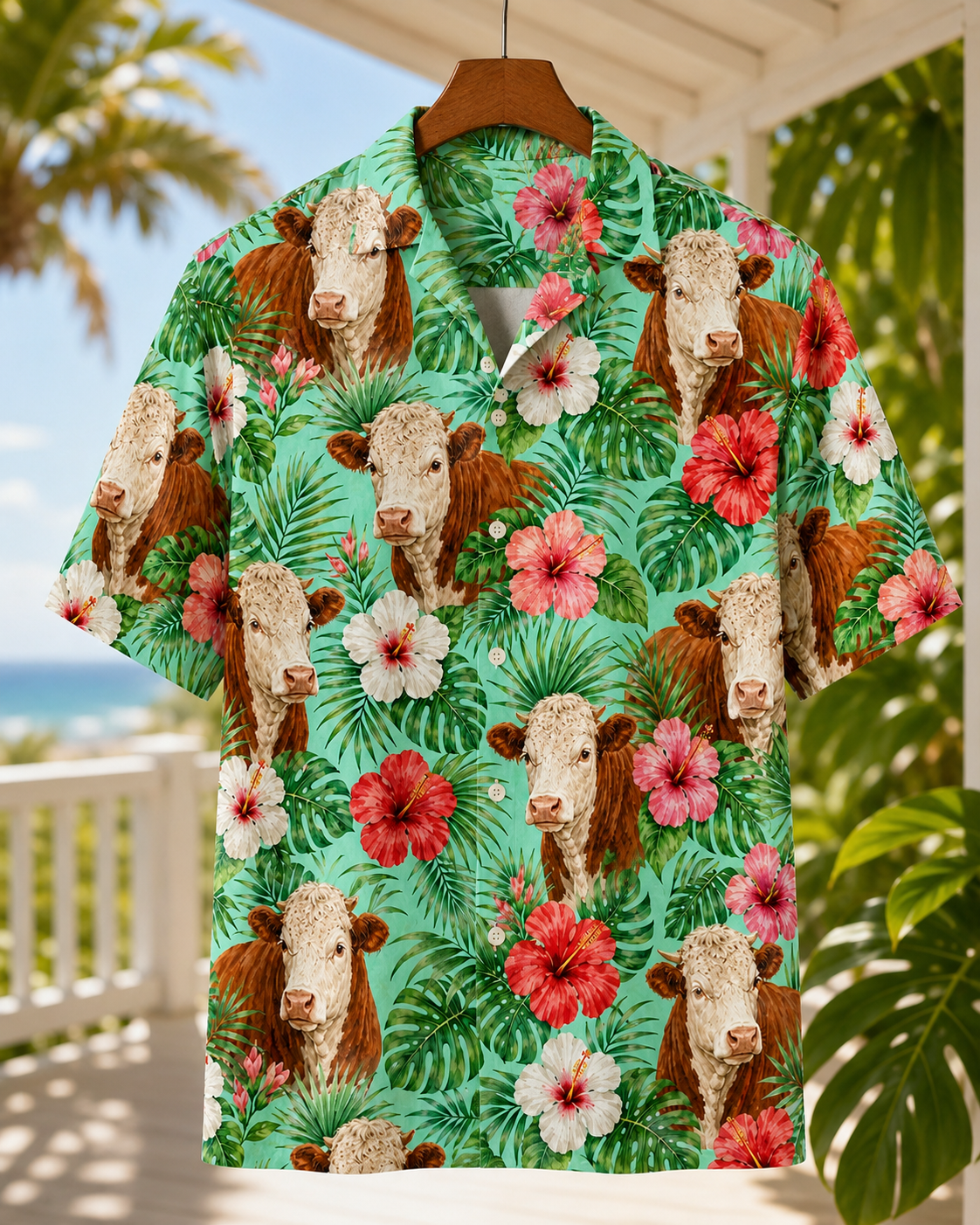 Hereford Cattle Tropical Hawaiian Shirt for Men & Women | Western Aloha Button Down Summer Beach Shirt