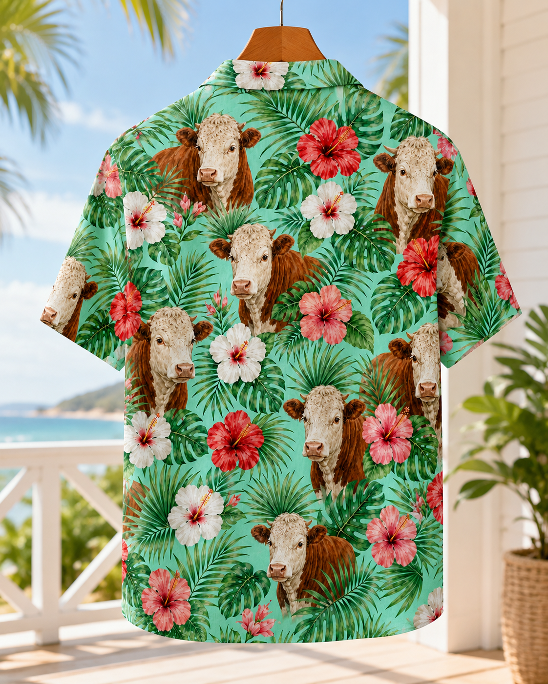 Hereford Cattle Tropical Hawaiian Shirt for Men & Women | Western Aloha Button Down Summer Beach Shirt