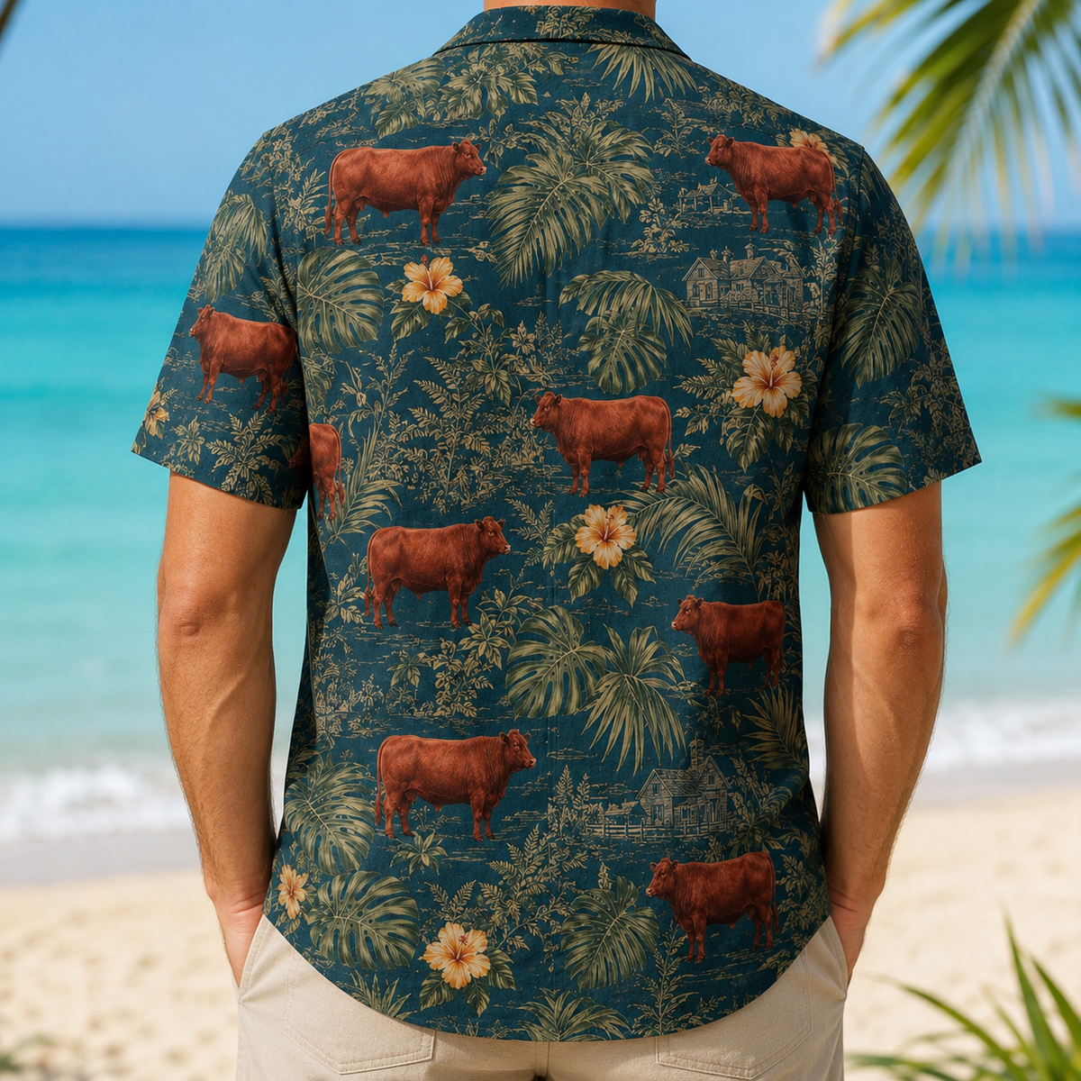 Red Angus Cattle Hawaiian Shirt for Men, Vintage Tropical Floral Aloha Button-Up Summer Beach Shirt, Cattle Rancher Gift