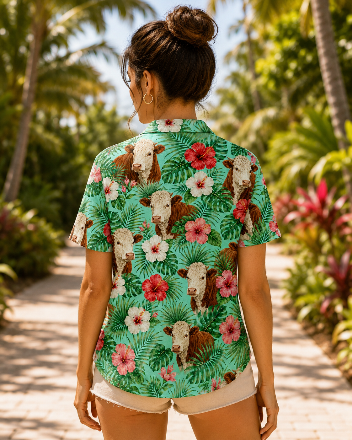 Hereford Cattle Tropical Hawaiian Shirt for Men & Women | Western Aloha Button Down Summer Beach Shirt
