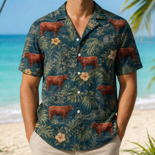 Red Angus Cattle Hawaiian Shirt for Men, Vintage Tropical Floral Aloha Button-Up Summer Beach Shirt, Cattle Rancher Gift