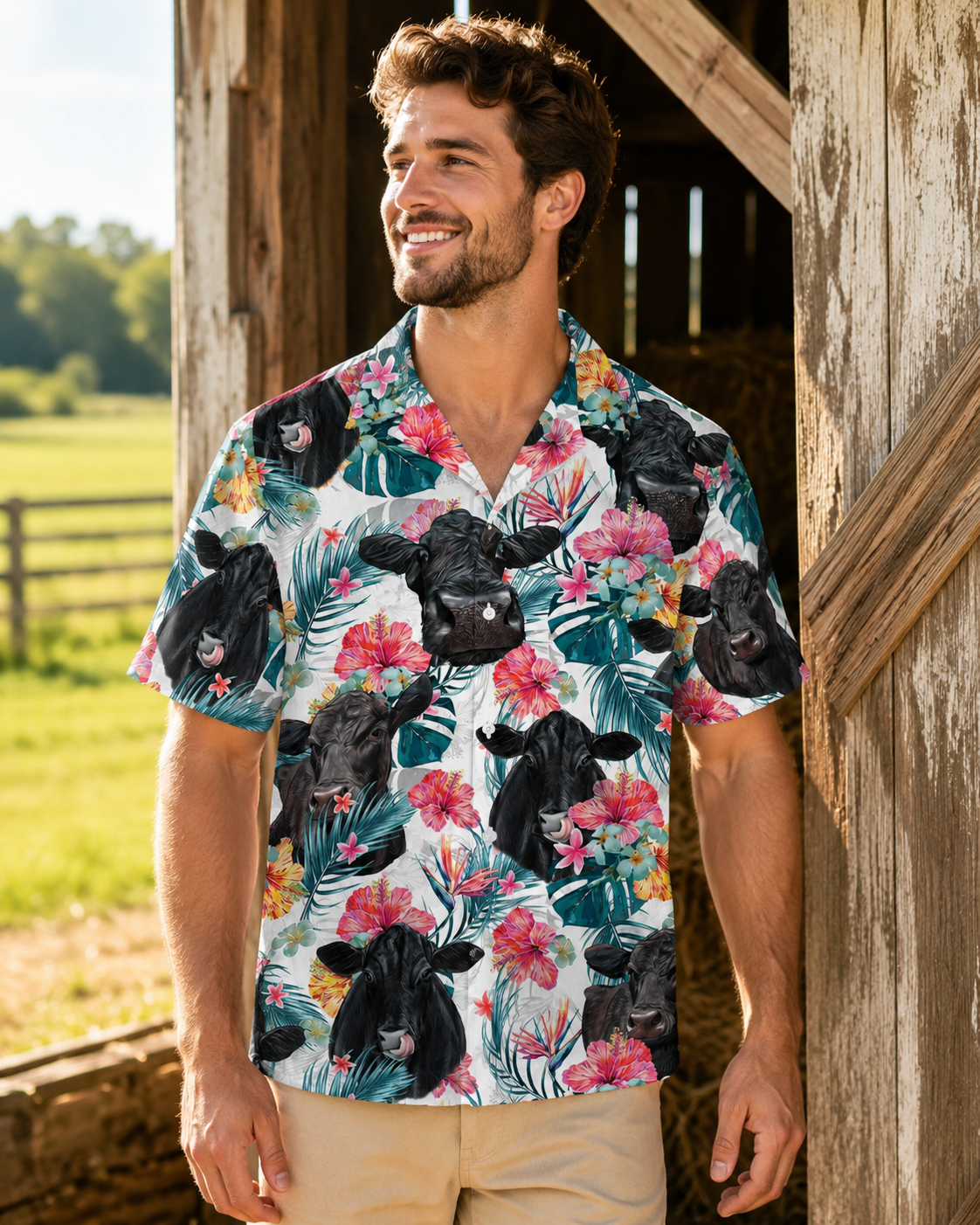 Black Angus Cattle American Flag Hawaiian Shirt for Men - Patriotic Tropical Cow Rancher Aloha Shirt