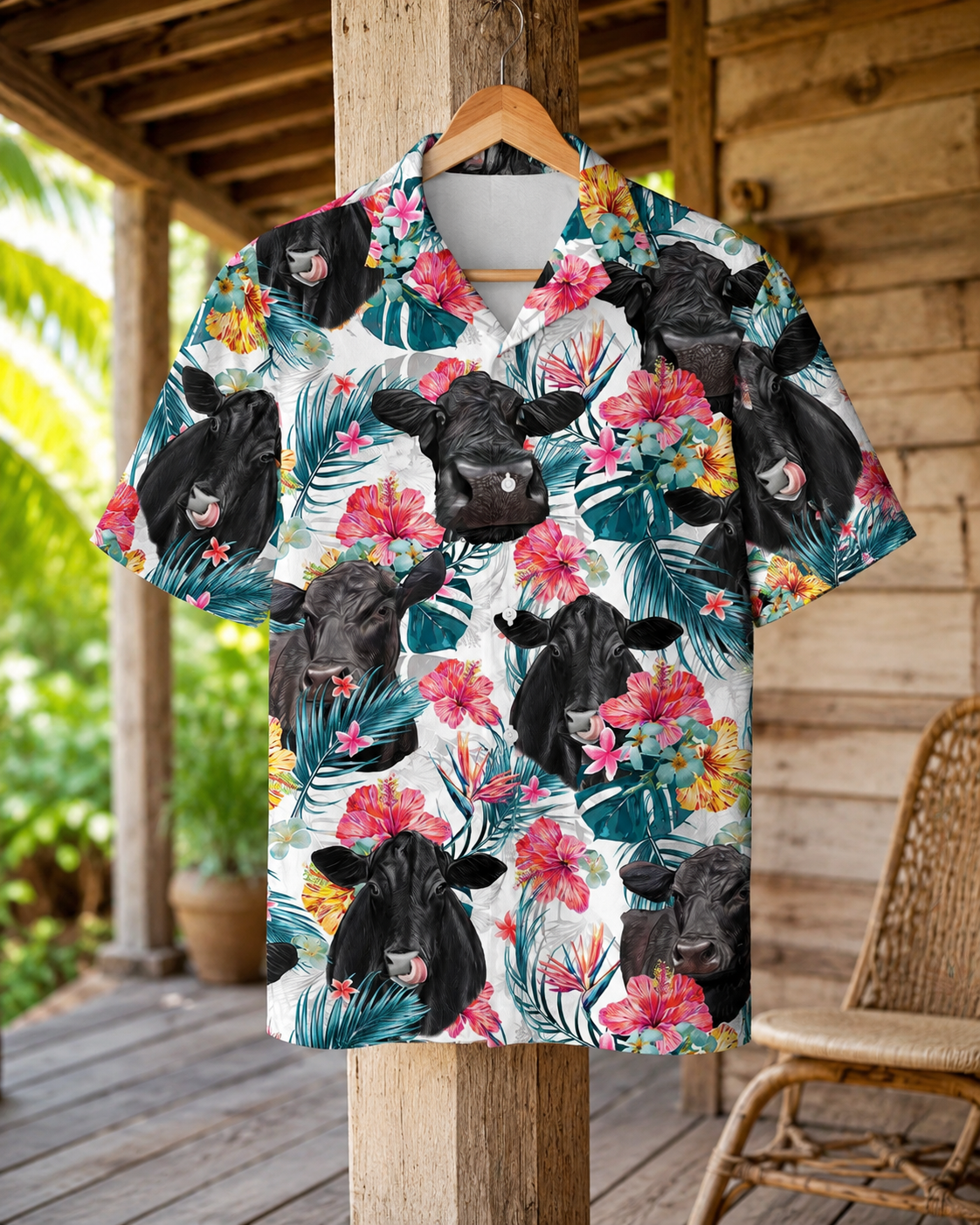 Black Angus Cattle American Flag Hawaiian Shirt for Men - Patriotic Tropical Cow Rancher Aloha Shirt