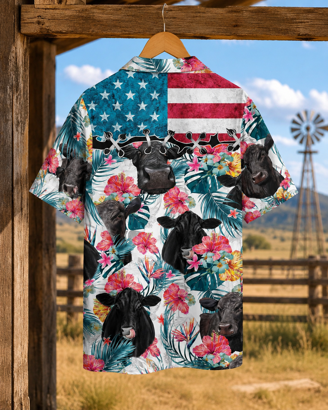 Black Angus Cattle American Flag Hawaiian Shirt for Men - Patriotic Tropical Cow Rancher Aloha Shirt