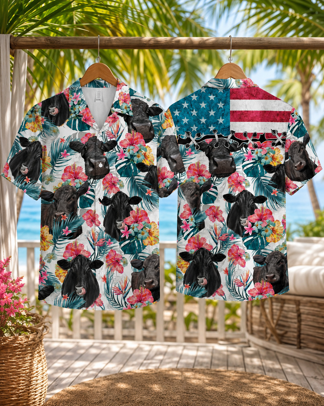 Black Angus Cattle American Flag Hawaiian Shirt for Men - Patriotic Tropical Cow Rancher Aloha Shirt