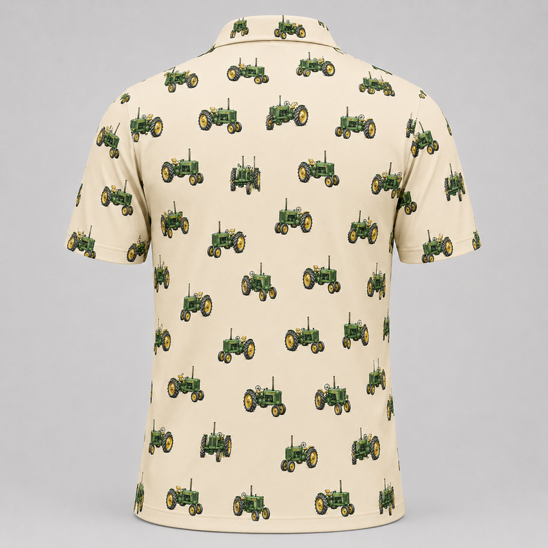 Tractor Polo Shirt — All-Over Vintage Tractor Print Performance Golf Polo for Farmers