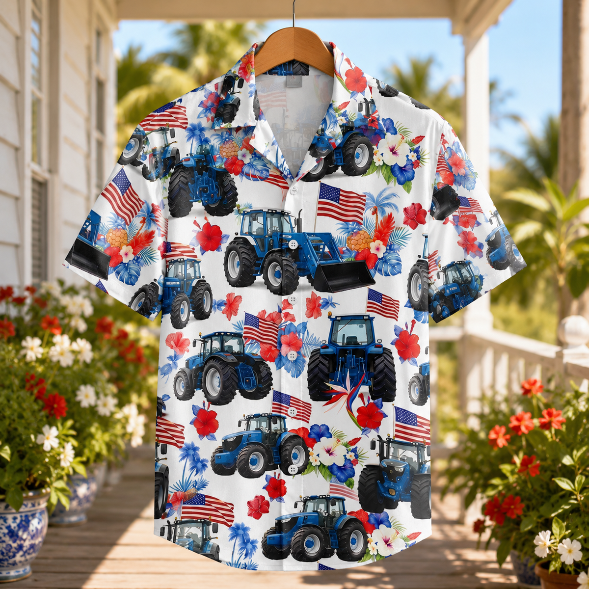 Patriotic Blue Tractor Hawaiian Shirt - 4th of July American Flag Farmer Tropical