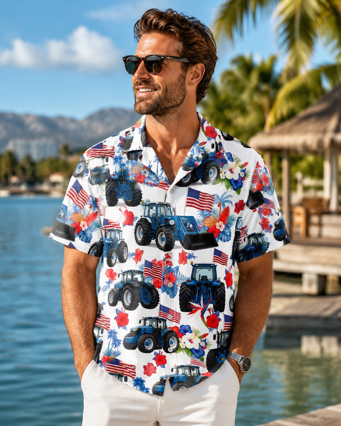 Patriotic Blue Tractor Hawaiian Shirt - 4th of July American Flag Farmer Tropical