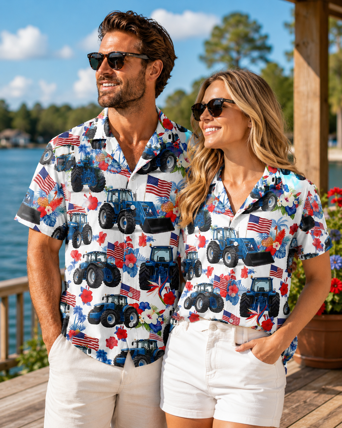 Patriotic Blue Tractor Hawaiian Shirt - 4th of July American Flag Farmer Tropical