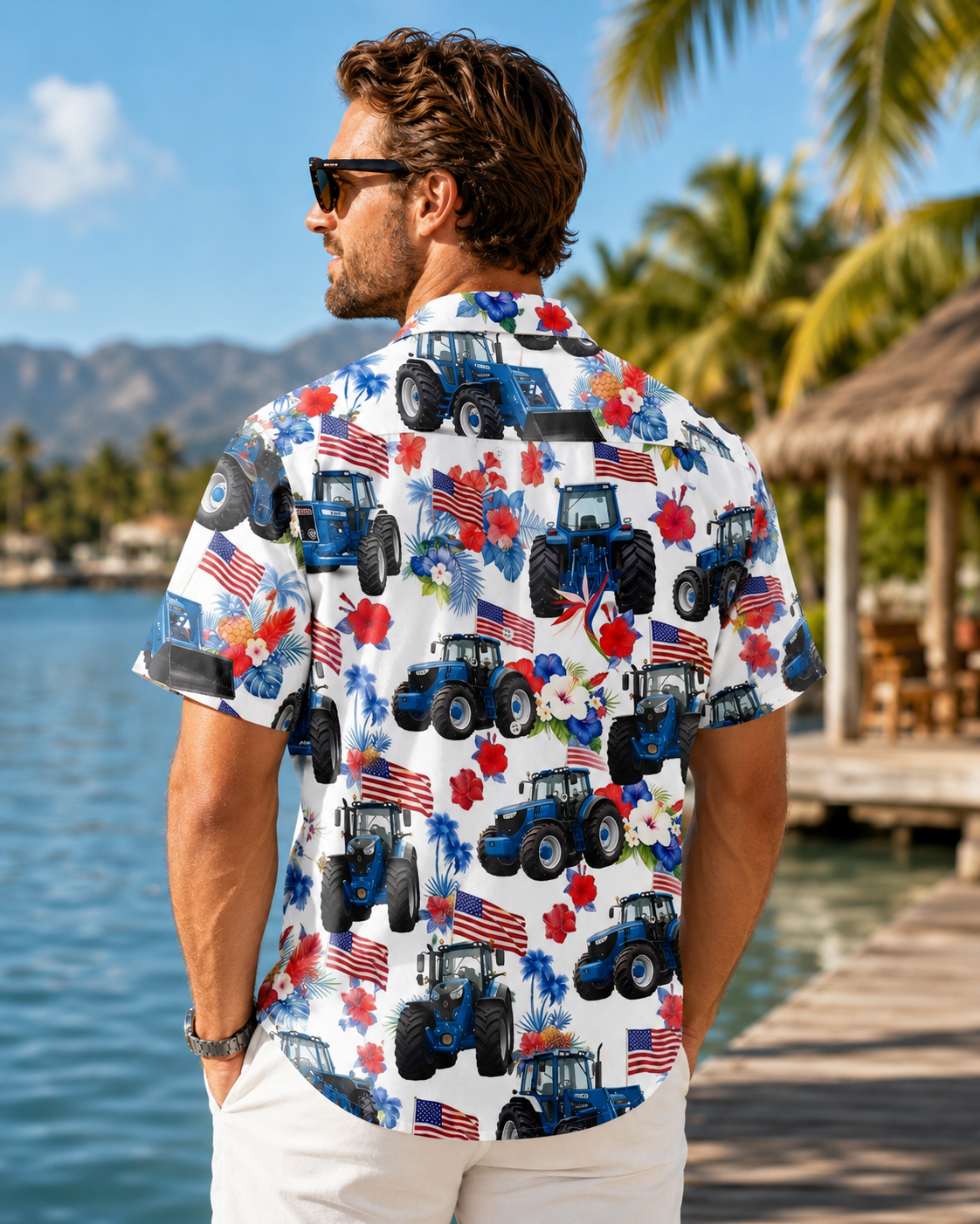Patriotic Blue Tractor Hawaiian Shirt - 4th of July American Flag Farmer Tropical