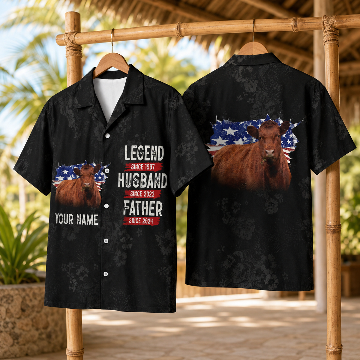 Personalized Red Angus Cattle Hawaiian Shirt for Men - Custom Legend Husband Father USA Flag Gift
