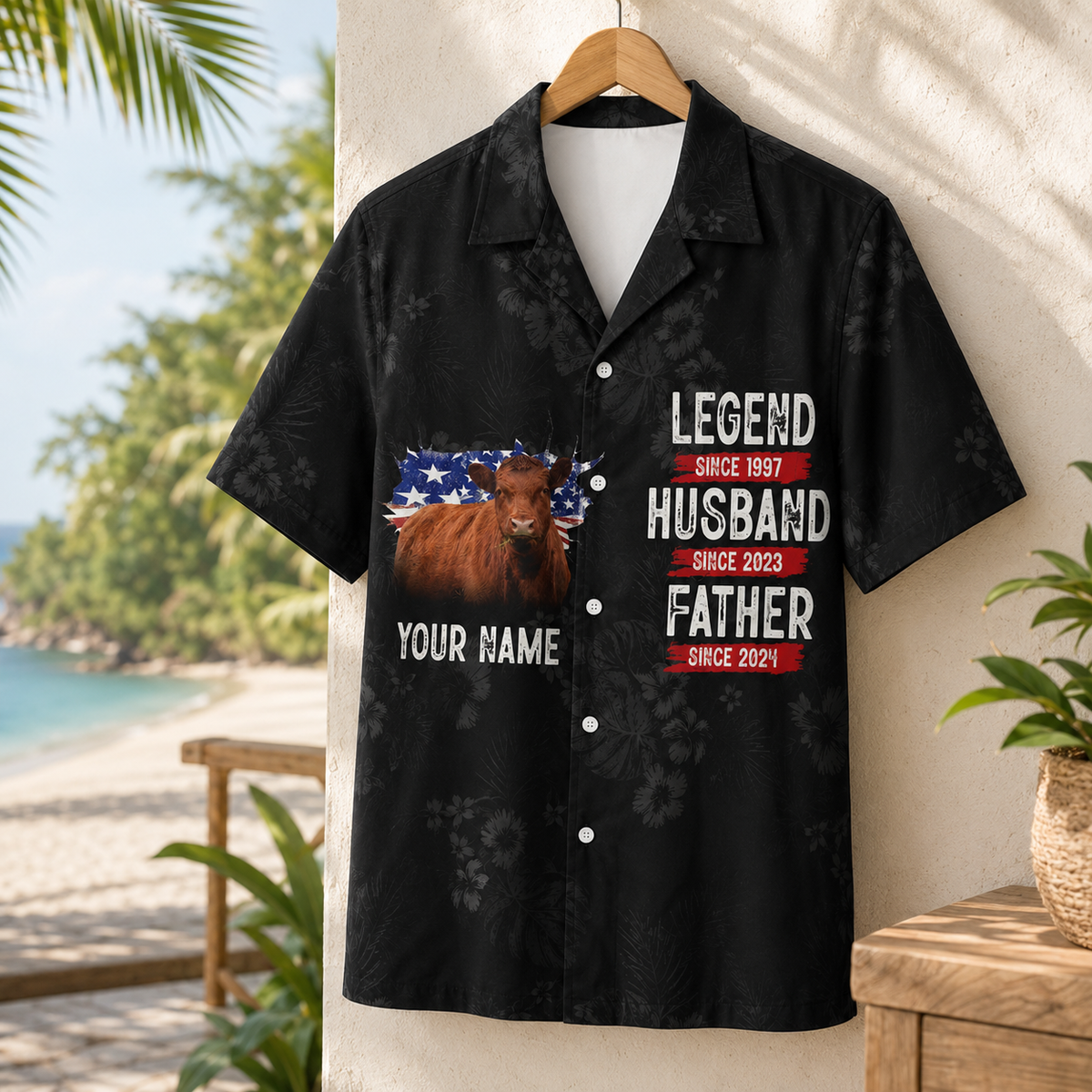 Personalized Red Angus Cattle Hawaiian Shirt for Men - Custom Legend Husband Father USA Flag Gift