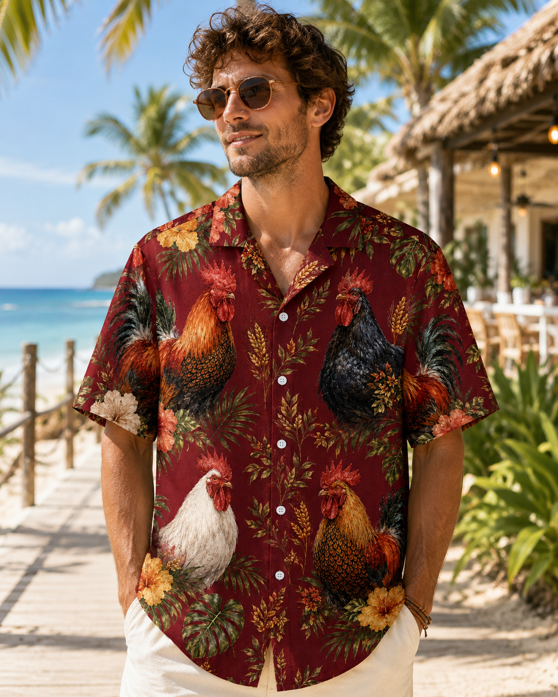 Vintage Rooster Hawaiian Shirt - Burgundy Wine Heritage Farmhouse Aloha - Chicken Lover Gift for Men Women