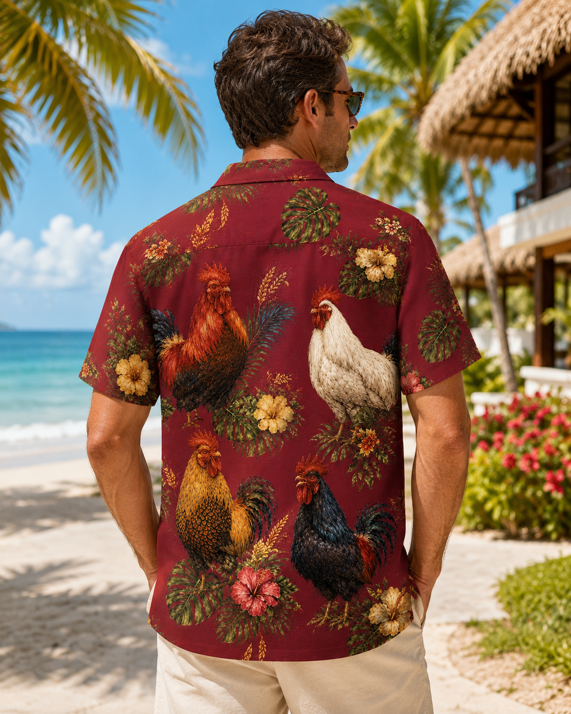 Vintage Rooster Hawaiian Shirt - Burgundy Wine Heritage Farmhouse Aloha - Chicken Lover Gift for Men Women