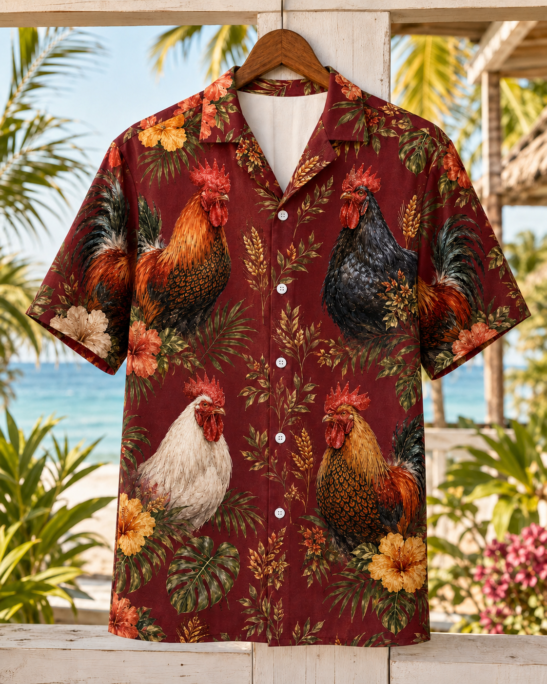 Vintage Rooster Hawaiian Shirt - Burgundy Wine Heritage Farmhouse Aloha - Chicken Lover Gift for Men Women