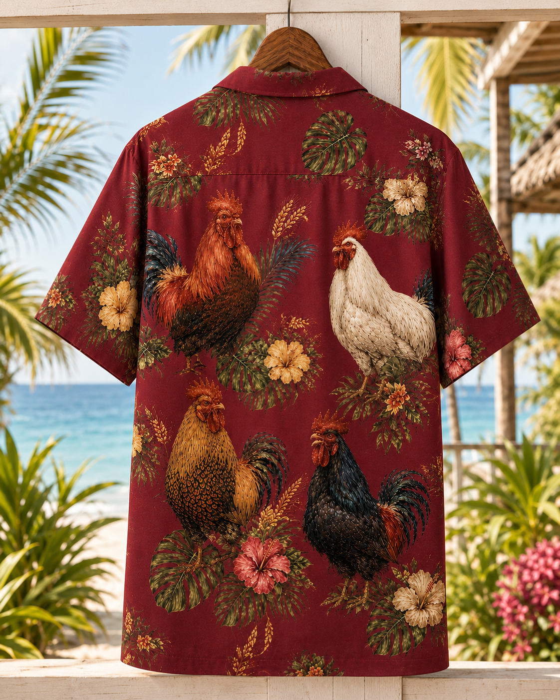 Vintage Rooster Hawaiian Shirt - Burgundy Wine Heritage Farmhouse Aloha - Chicken Lover Gift for Men Women