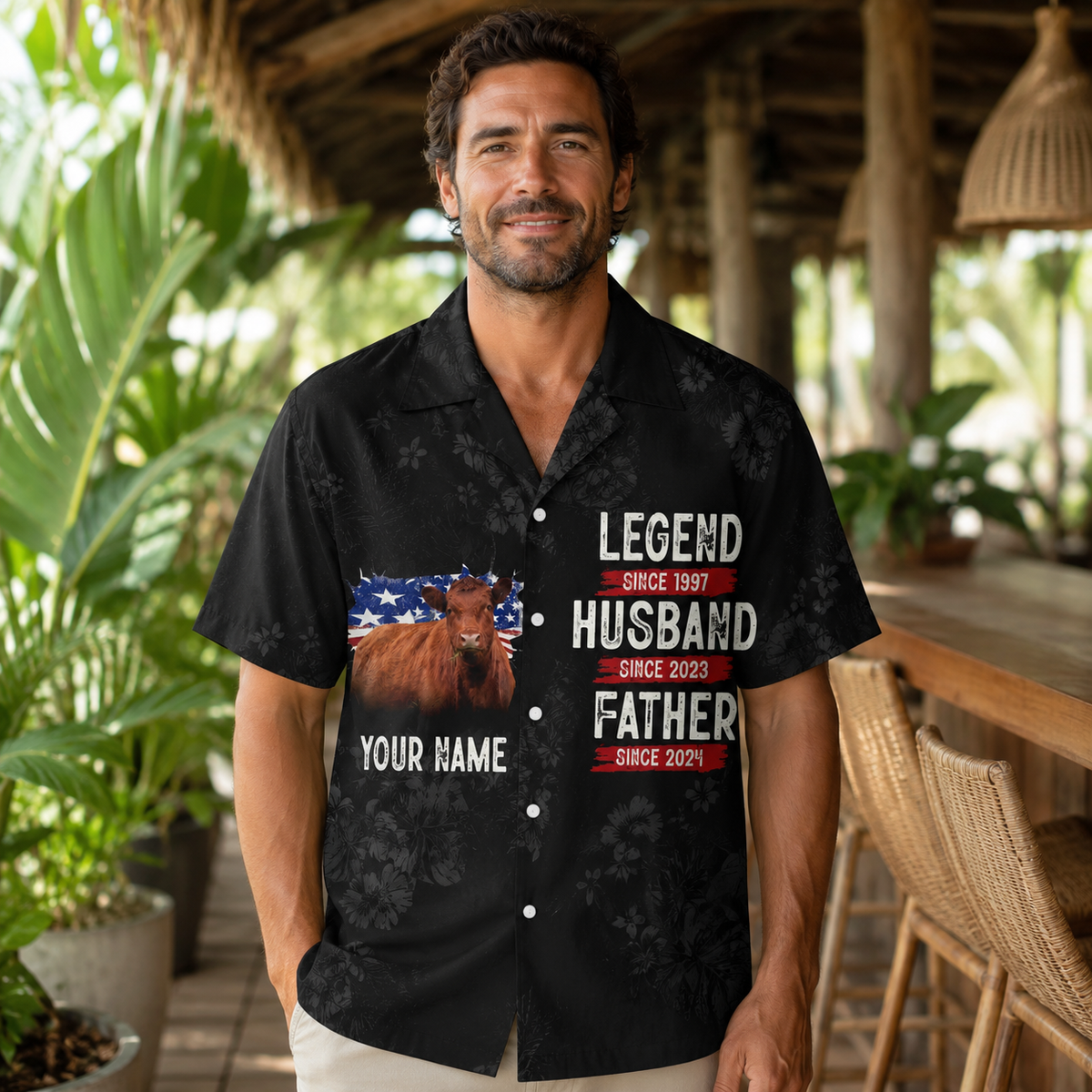 Personalized Red Angus Cattle Hawaiian Shirt for Men - Custom Legend Husband Father USA Flag Gift