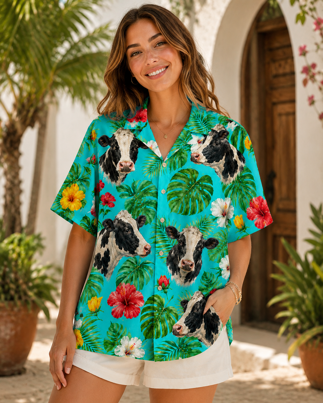 Holstein Dairy Cow Tropical Hawaiian Shirt for Men & Women | Western Aloha Button Down Summer Beach Shirt