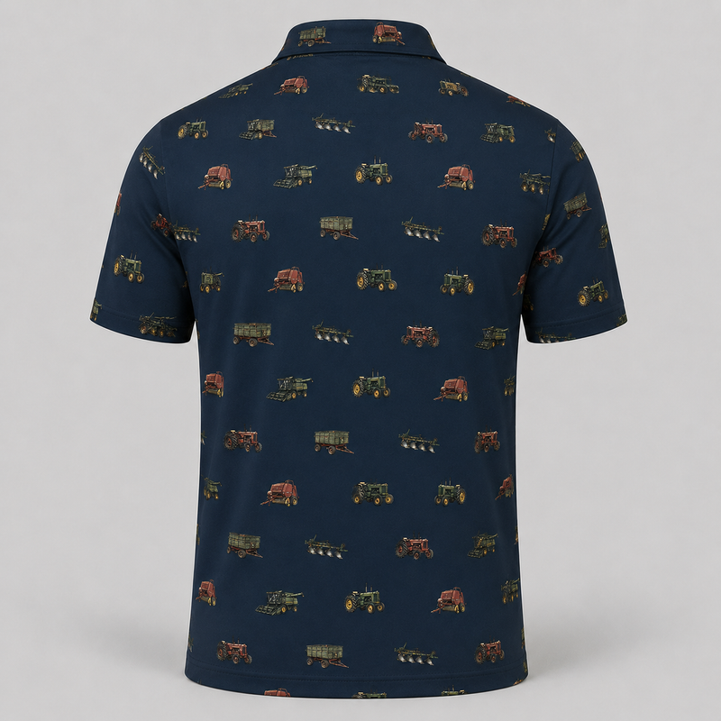 Farm Machinery Polo Shirt — All-Over Vintage Tractor & Equipment Print Performance Golf Polo for Farmers