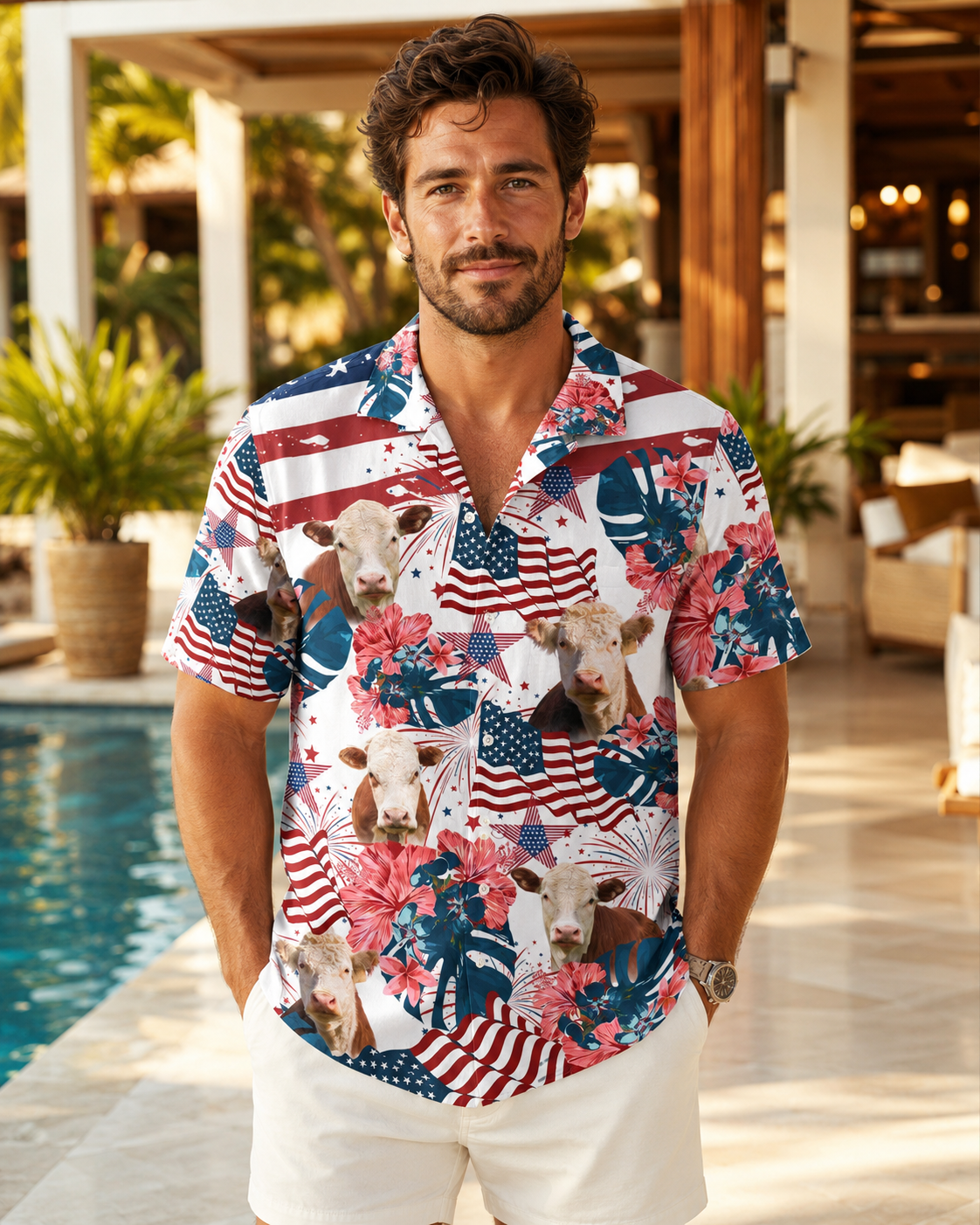Patriotic Hereford Cow Hawaiian Shirt - 4th of July American Flag Cattle Rancher Shirt