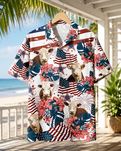 Patriotic Hereford Cow Hawaiian Shirt - 4th of July American Flag Cattle Rancher Shirt