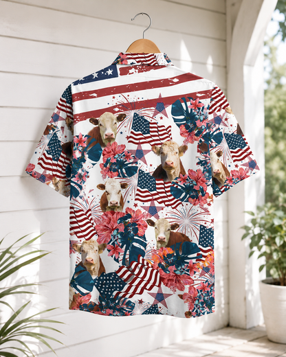 Patriotic Hereford Cow Hawaiian Shirt - 4th of July American Flag Cattle Rancher Shirt