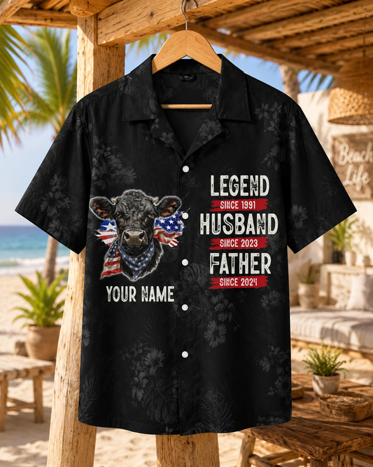 Personalized Legend Husband Father Hawaiian Shirt - Black Angus Cow American Flag - Custom Name Year Father's Day Gift for Dad Husband