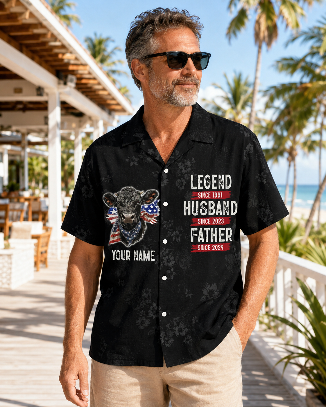 Personalized Legend Husband Father Hawaiian Shirt - Black Angus Cow American Flag - Custom Name Year Father's Day Gift for Dad Husband