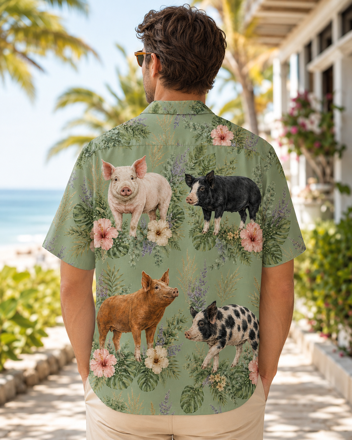 Vintage Pig Hawaiian Shirt - Sage Green Heritage Farmhouse Aloha - Pig Lover Gift for Men Women