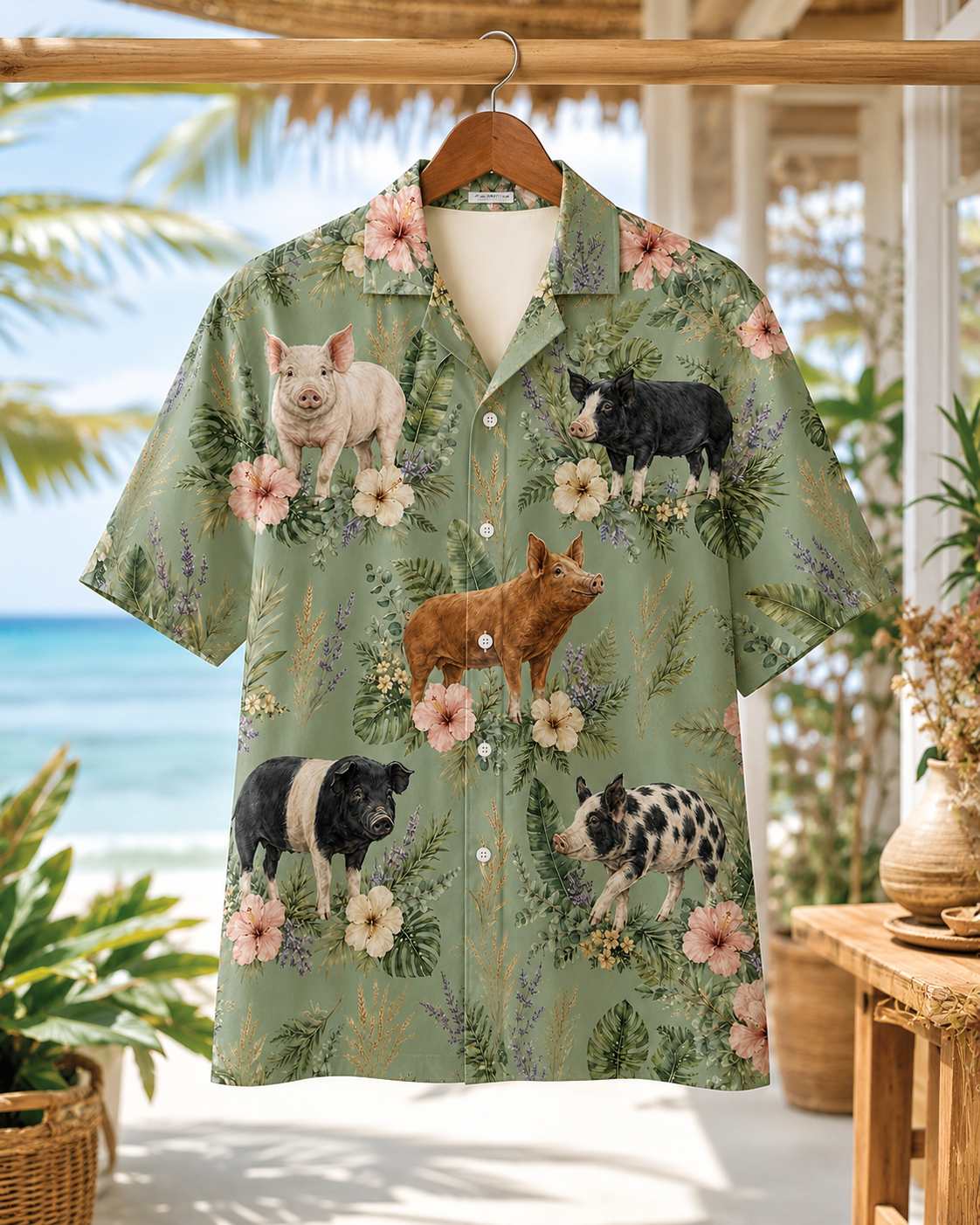 Vintage Pig Hawaiian Shirt - Sage Green Heritage Farmhouse Aloha - Pig Lover Gift for Men Women