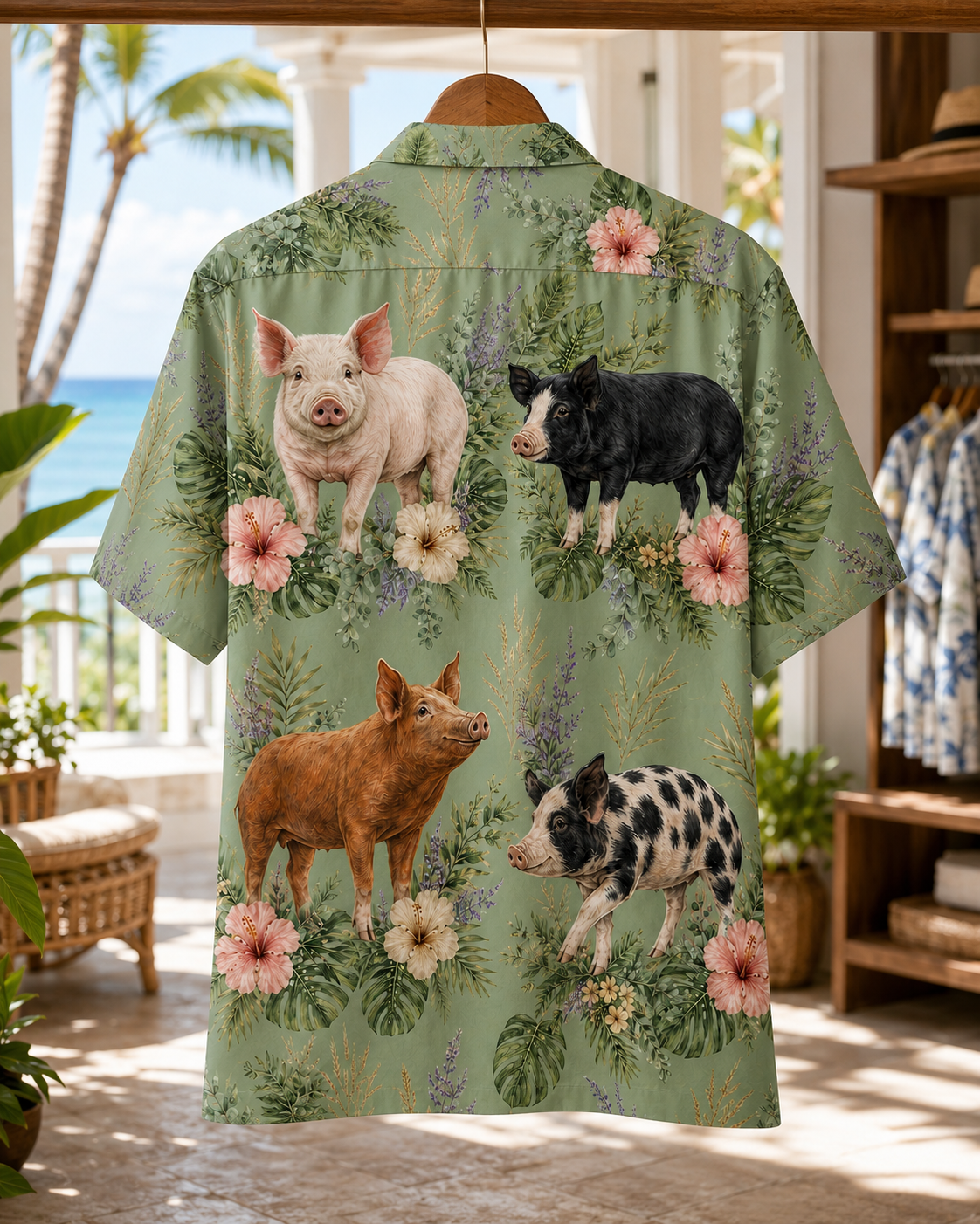 Vintage Pig Hawaiian Shirt - Sage Green Heritage Farmhouse Aloha - Pig Lover Gift for Men Women