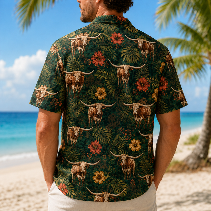 Texas Longhorn Hawaiian Shirt for Men, Vintage Tropical Floral Aloha Button-Up Summer Beach Shirt, Cattle Rancher Gift