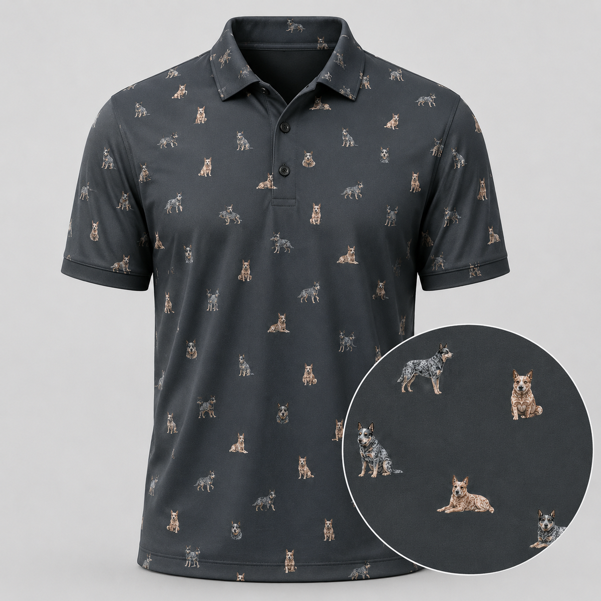 Blue Heeler Polo Shirt — Australian Cattle Dog Print Performance Golf Polo for Dog Lovers