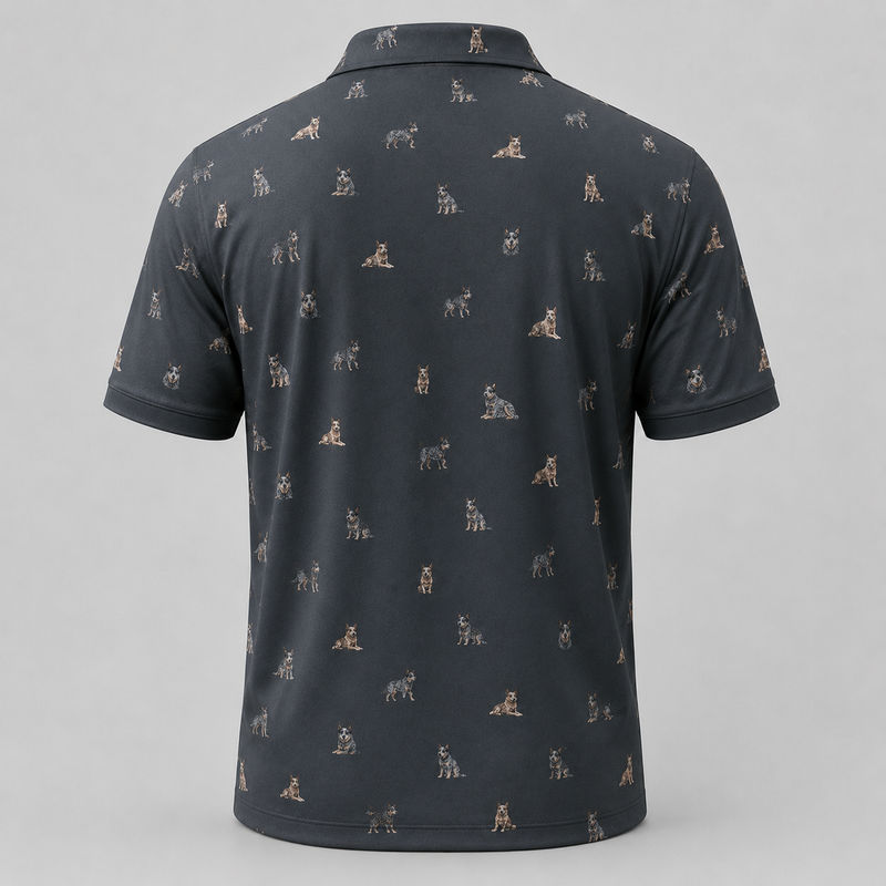 Blue Heeler Polo Shirt — Australian Cattle Dog Print Performance Golf Polo for Dog Lovers