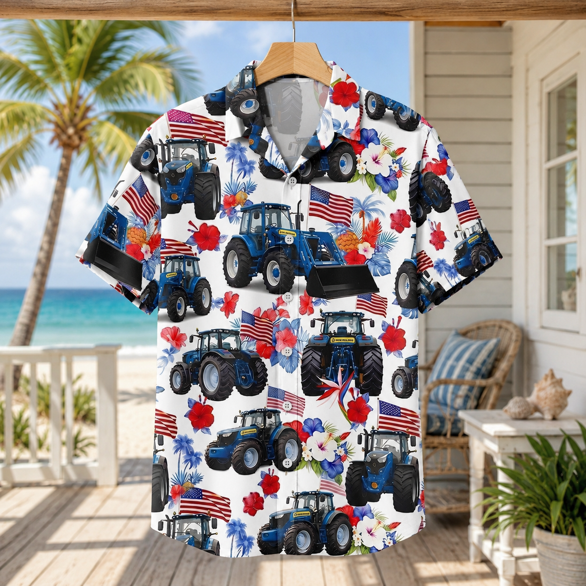 Patriotic Blue Tractor Hawaiian Shirt - 4th of July American Flag Farmer Tropical Shirt