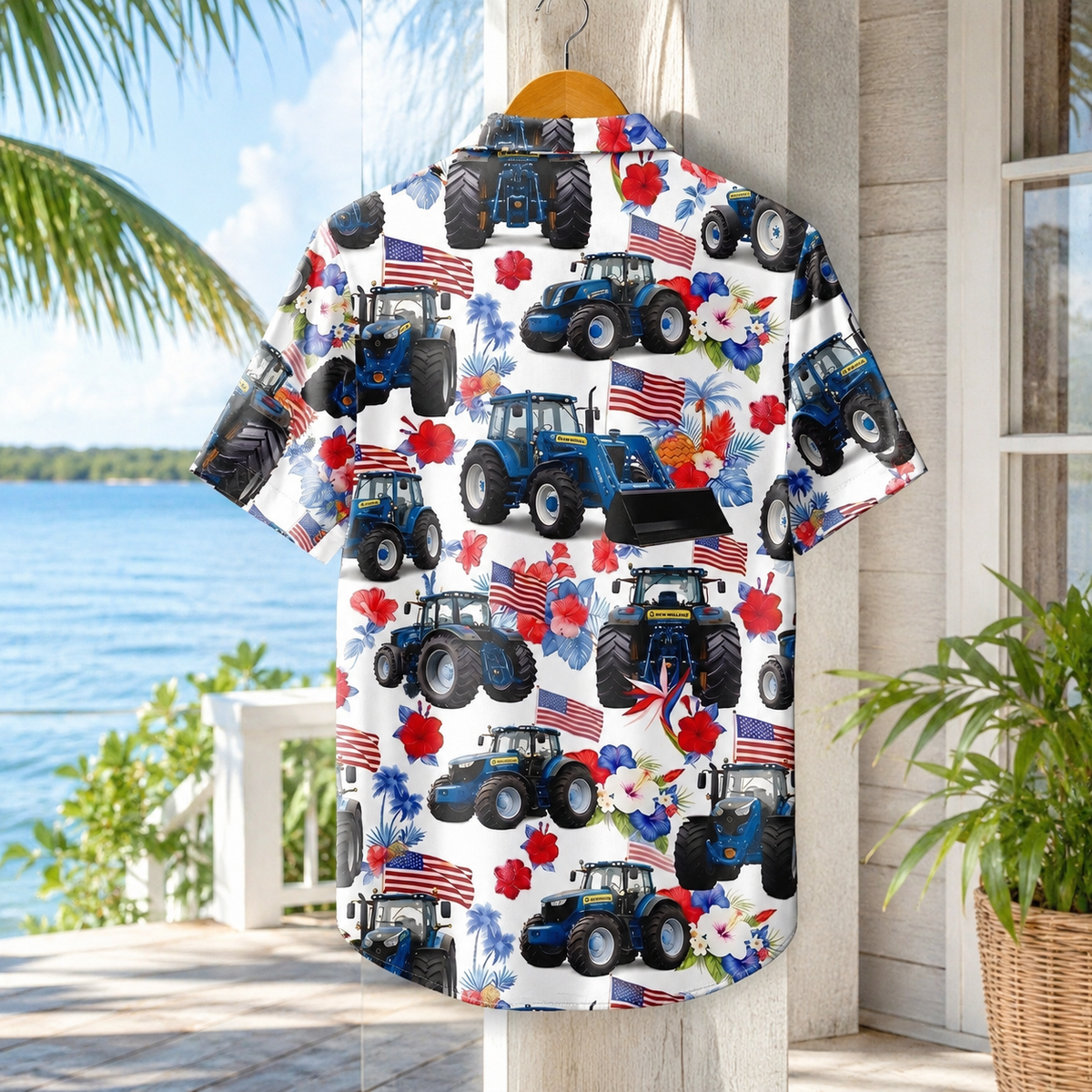 Patriotic Blue Tractor Hawaiian Shirt - 4th of July American Flag Farmer Tropical Shirt