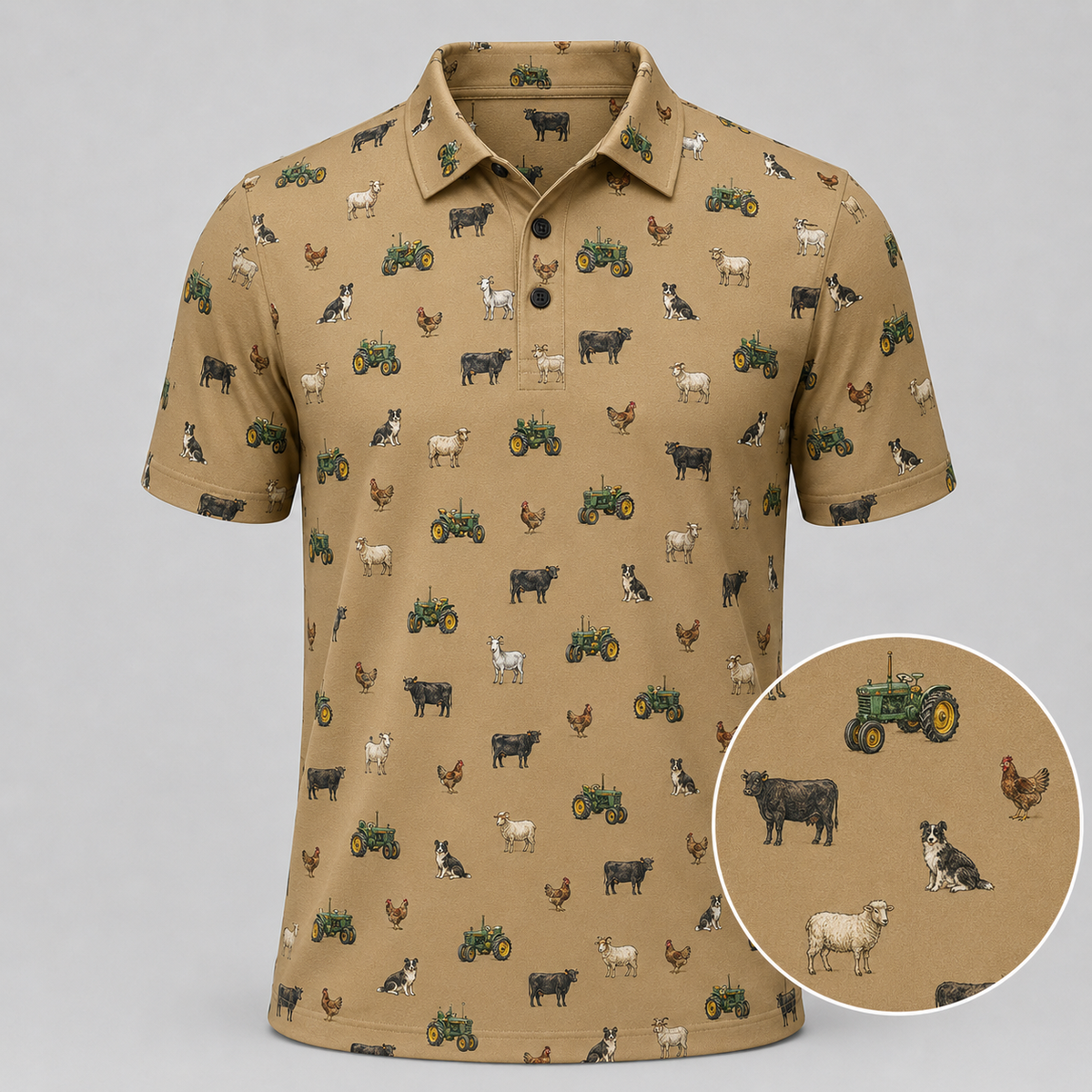 Farm Life Polo Shirt — All-Over Tractor & Farm Animal Print Performance Golf Polo for Farmers