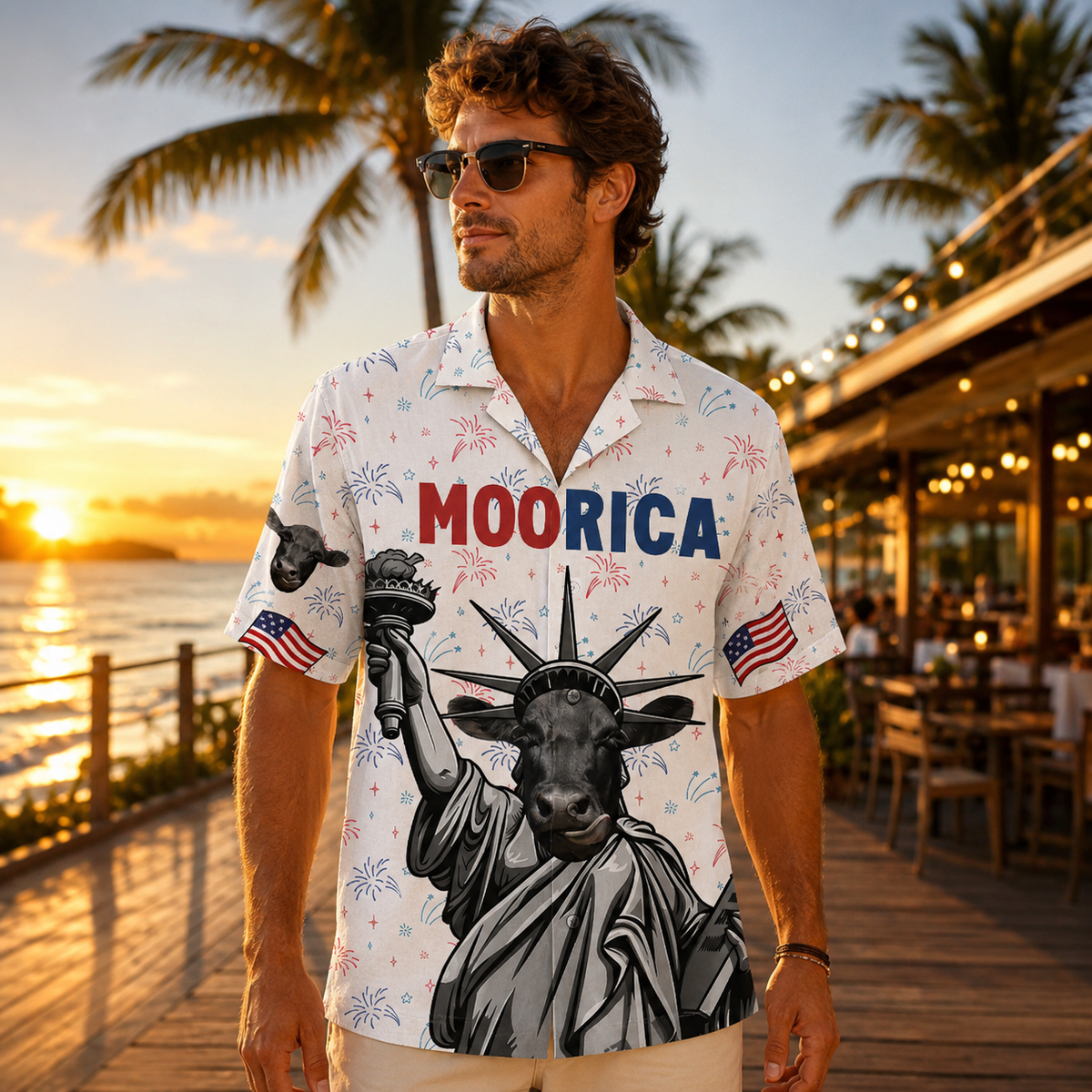 Moorica Black Angus Statue of Liberty Hawaiian Shirt - 4th of July Patriotic Cow USA Shirt for Men